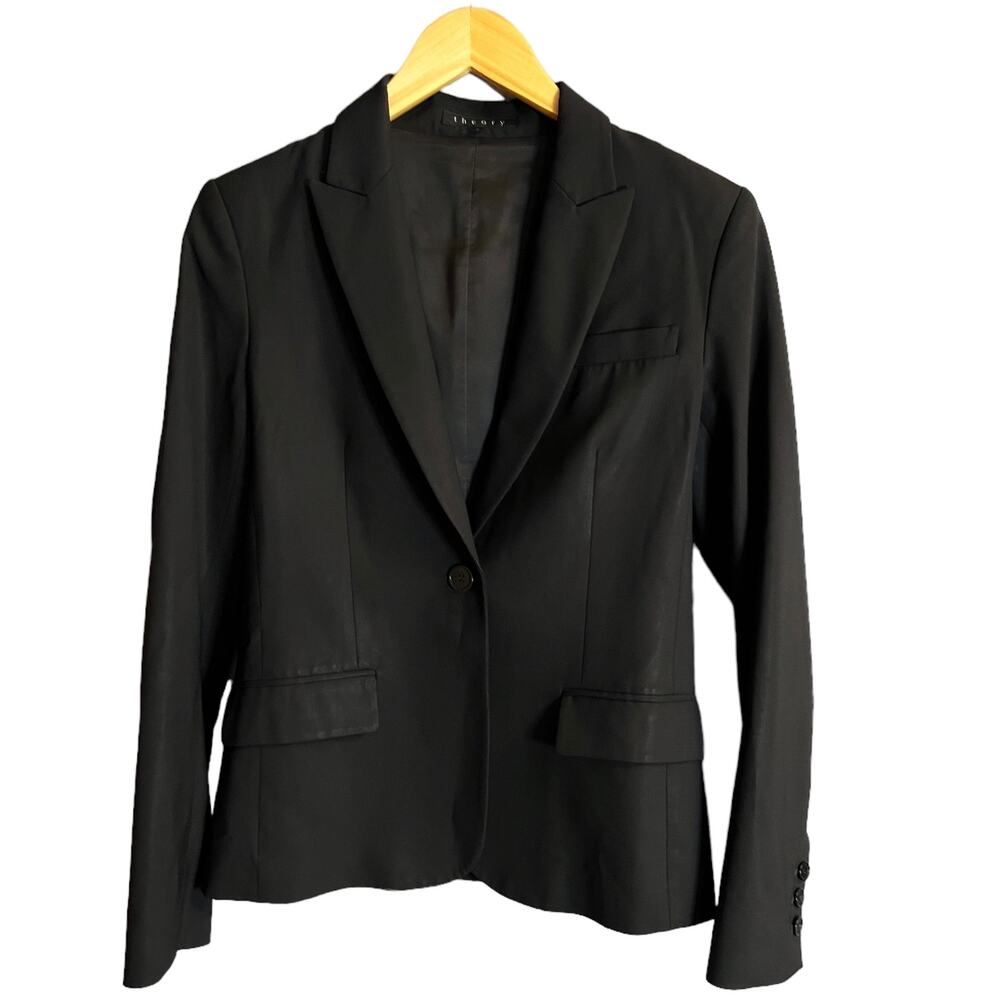 THEORY Black Gabe Blazer Jacket Single Breasted Wool Career Slim Stretch 6 GUC
